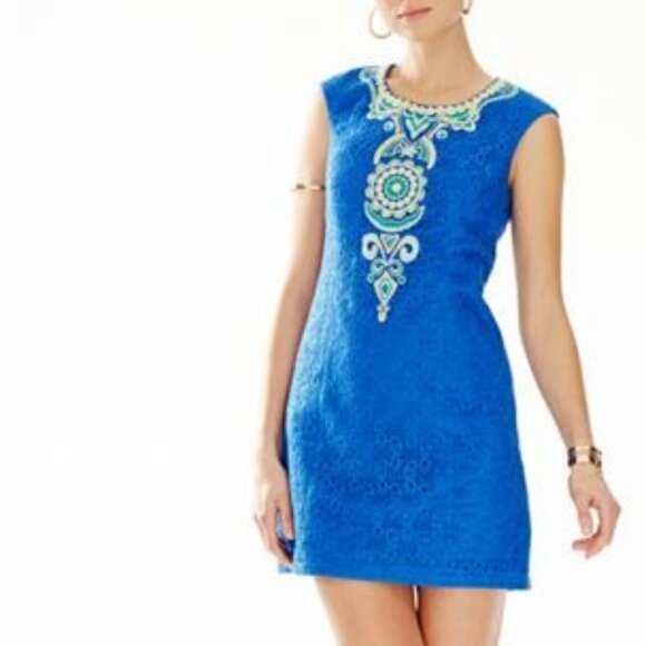 Lilly Pulitzer 00 Royal Blue Lace Dress Green Aqua Chartreuse Yellow Shift - Picture 3 of 10